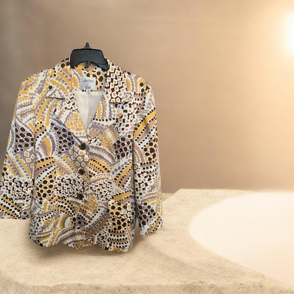 Le Suit Yellow, Brown & Cream Abstract Print Blazer